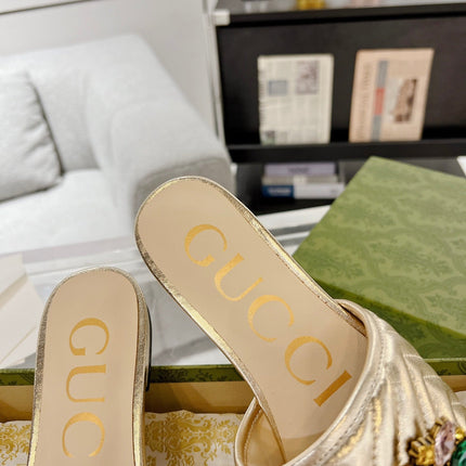 GG SPARKLE CRYSTAL SLIDE SANDAL METALLIC GOLD CALFSKIN