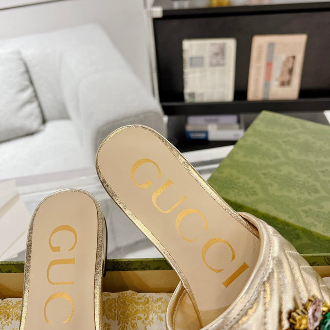 GG SPARKLE CRYSTAL SLIDE SANDAL METALLIC GOLD CALFSKIN