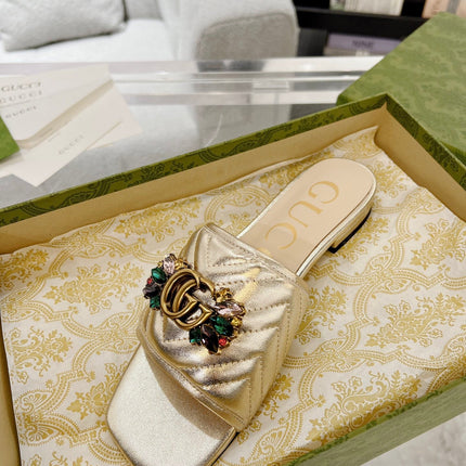 GG SPARKLE CRYSTAL SLIDE SANDAL METALLIC GOLD CALFSKIN