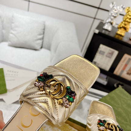 GG SPARKLE CRYSTAL SLIDE SANDAL METALLIC GOLD CALFSKIN