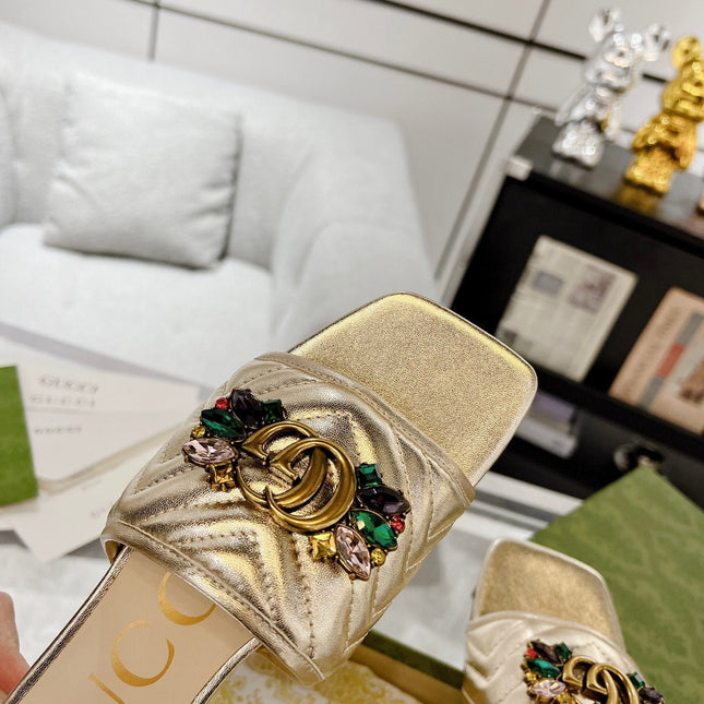 GG SPARKLE CRYSTAL SLIDE SANDAL METALLIC GOLD CALFSKIN