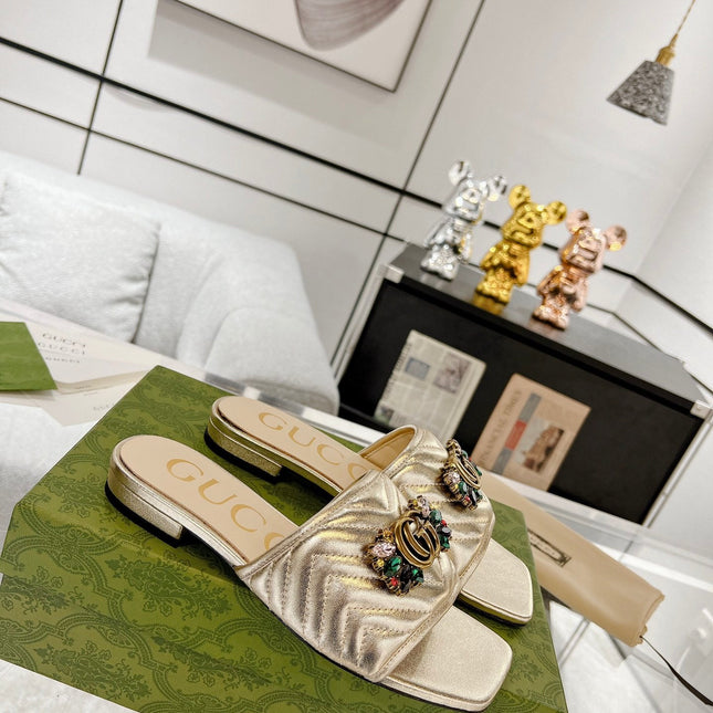 GG SPARKLE CRYSTAL SLIDE SANDAL METALLIC GOLD CALFSKIN