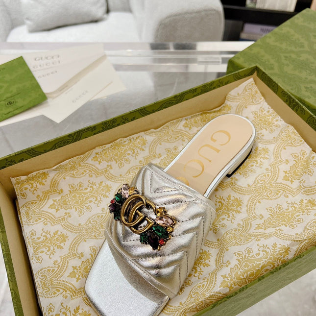GG SPARKLE CRYSTAL SLIDE SANDAL SILVER CALFSKIN