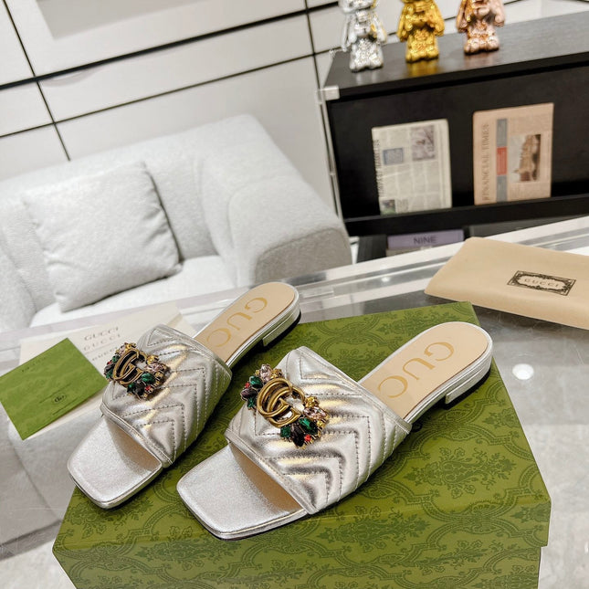 GG SPARKLE CRYSTAL SLIDE SANDAL SILVER CALFSKIN