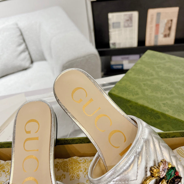 GG SPARKLE CRYSTAL SLIDE SANDAL SILVER CALFSKIN