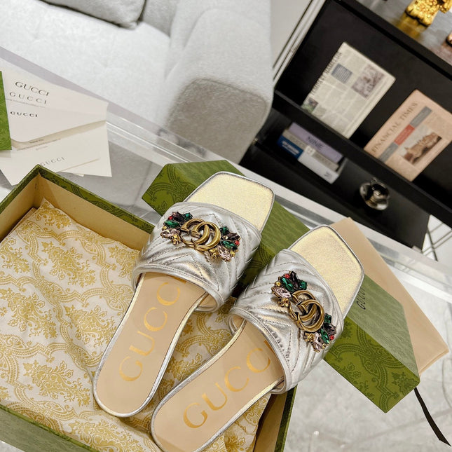 GG SPARKLE CRYSTAL SLIDE SANDAL SILVER CALFSKIN