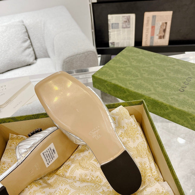 GG SPARKLE CRYSTAL SLIDE SANDAL SILVER CALFSKIN