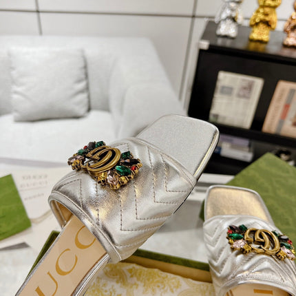 GG SPARKLE CRYSTAL SLIDE SANDAL SILVER CALFSKIN