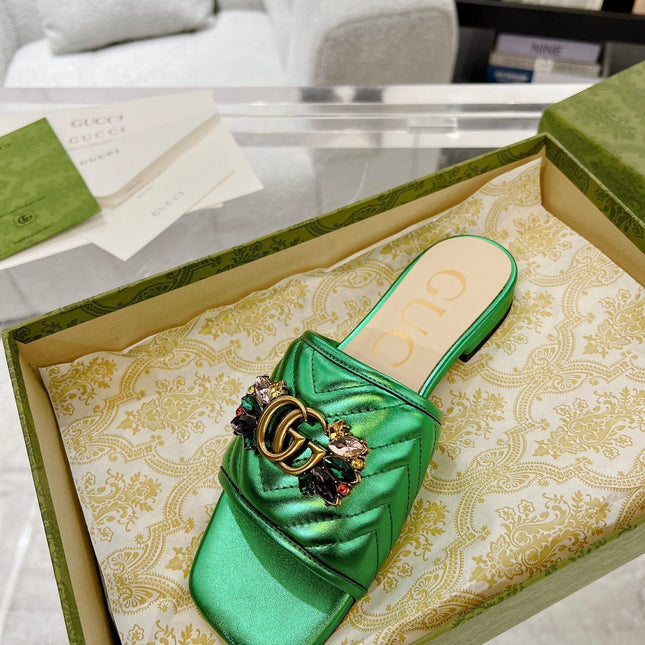 GG SPARKLE CRYSTAL SLIDE SANDAL METALLIC GREEN CALFSKIN