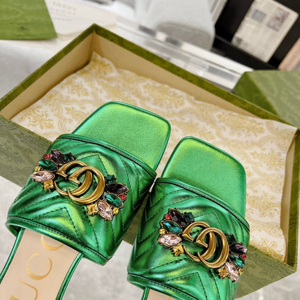 GG SPARKLE CRYSTAL SLIDE SANDAL METALLIC GREEN CALFSKIN