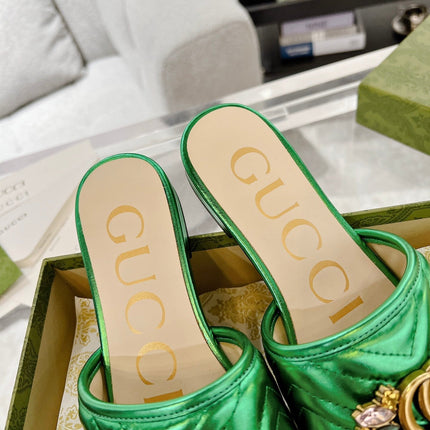 GG SPARKLE CRYSTAL SLIDE SANDAL METALLIC GREEN CALFSKIN