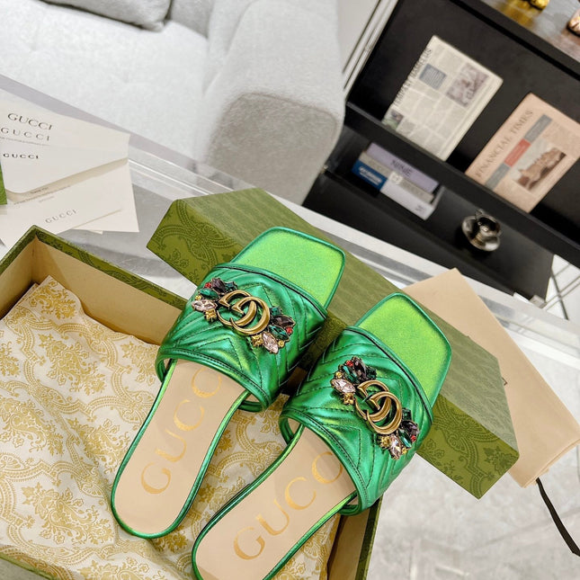 GG SPARKLE CRYSTAL SLIDE SANDAL METALLIC GREEN CALFSKIN