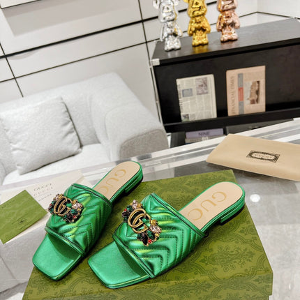 GG SPARKLE CRYSTAL SLIDE SANDAL METALLIC GREEN CALFSKIN