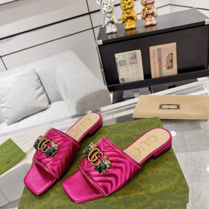 GG SPARKLE CRYSTAL SLIDE SANDAL METALLIC PINK CALFSKIN
