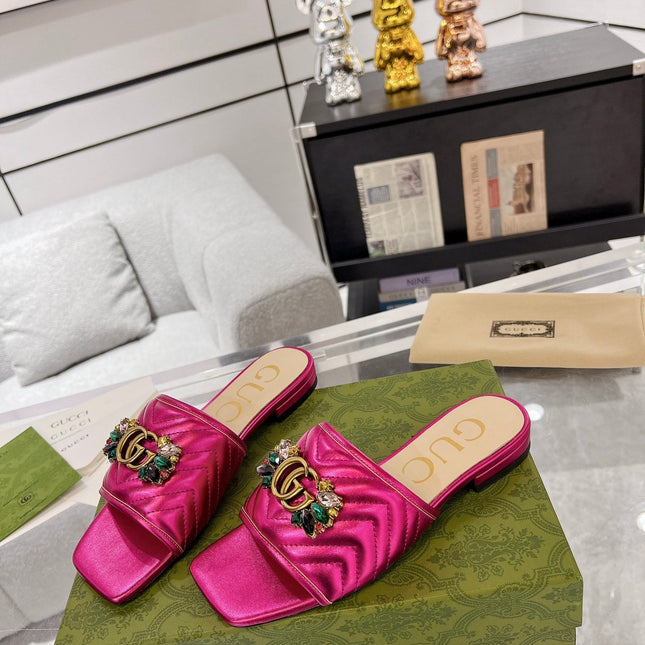 GG SPARKLE CRYSTAL SLIDE SANDAL METALLIC PINK CALFSKIN