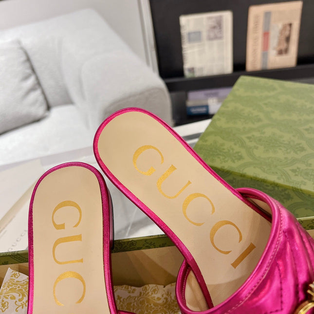 GG SPARKLE CRYSTAL SLIDE SANDAL METALLIC PINK CALFSKIN