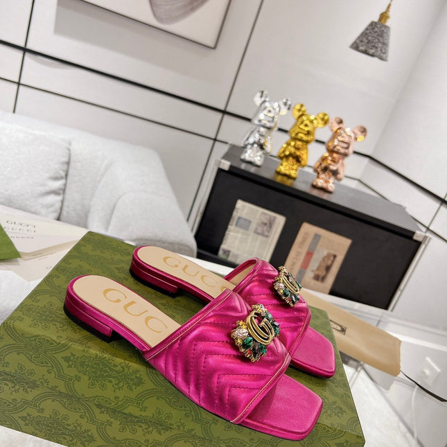 GG SPARKLE CRYSTAL SLIDE SANDAL METALLIC PINK CALFSKIN