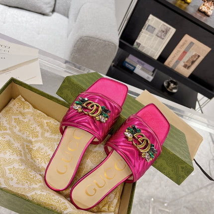 GG SPARKLE CRYSTAL SLIDE SANDAL METALLIC PINK CALFSKIN