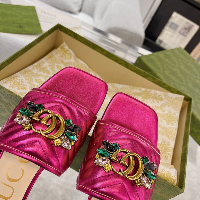 GG SPARKLE CRYSTAL SLIDE SANDAL METALLIC PINK CALFSKIN