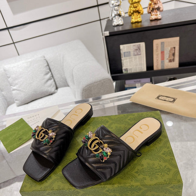 GG SPARKLE CRYSTAL SLIDE SANDAL BLACK CALFSKIN