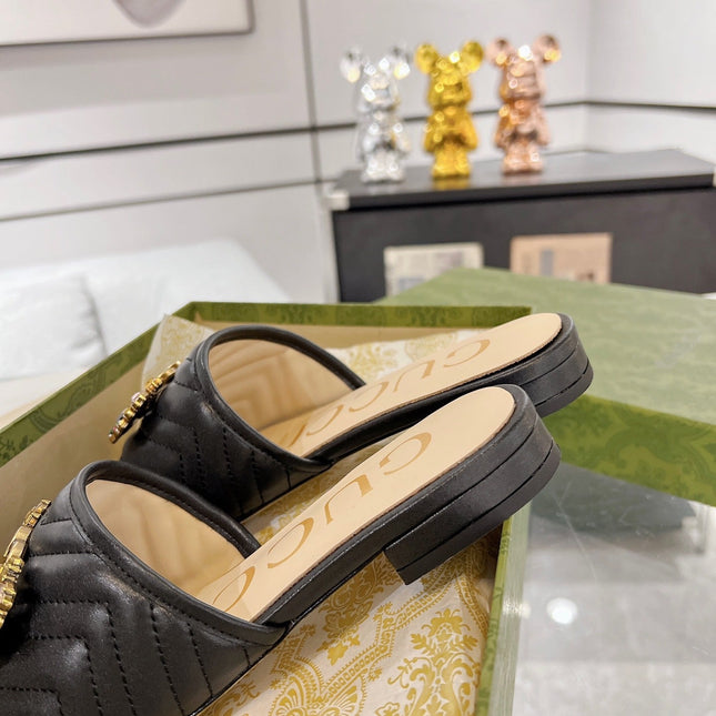 GG SPARKLE CRYSTAL SLIDE SANDAL BLACK CALFSKIN