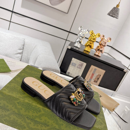 GG SPARKLE CRYSTAL SLIDE SANDAL BLACK CALFSKIN