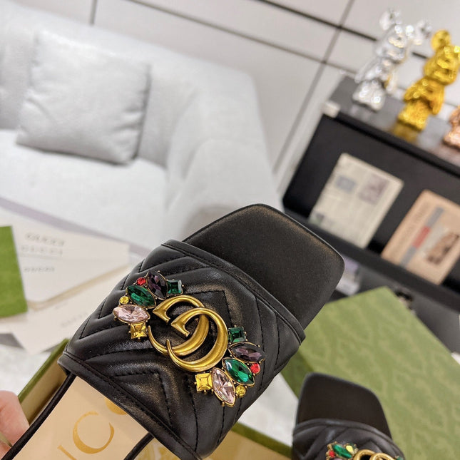 GG SPARKLE CRYSTAL SLIDE SANDAL BLACK CALFSKIN