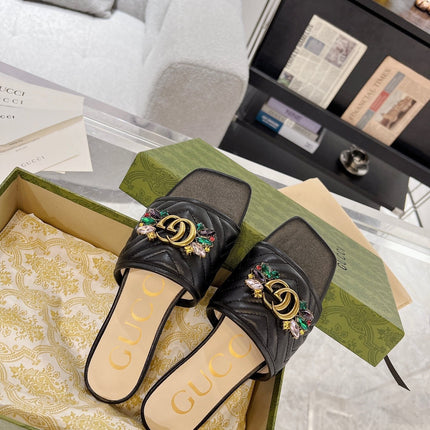 GG SPARKLE CRYSTAL SLIDE SANDAL BLACK CALFSKIN