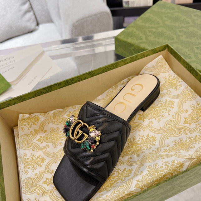 GG SPARKLE CRYSTAL SLIDE SANDAL BLACK CALFSKIN