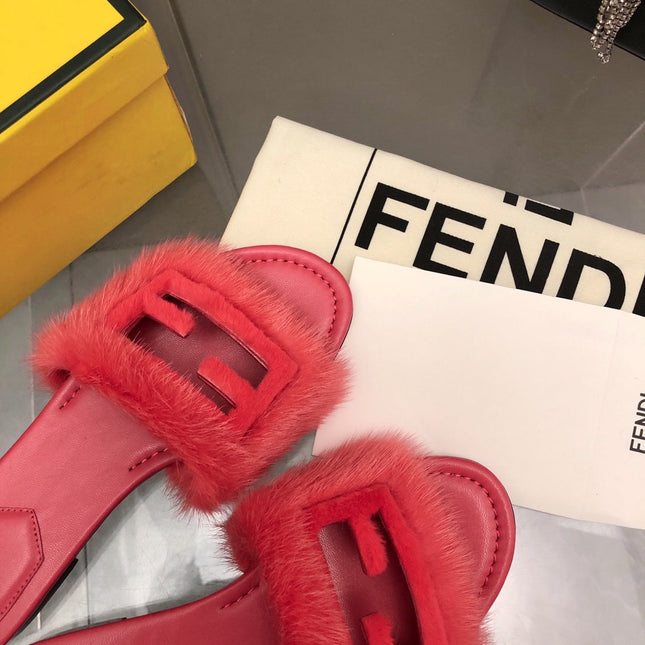 FENDI BAGUETTE MINK SLIDE SLIPPER IN CANDY RED FUR