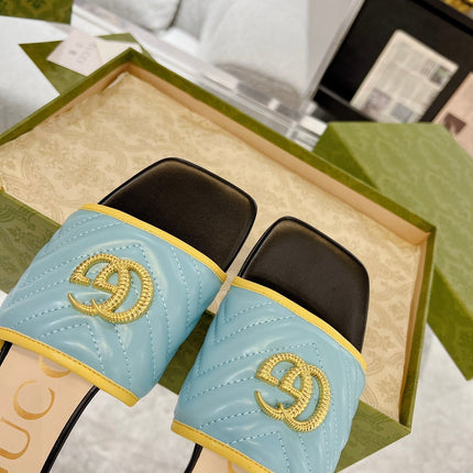 GG EXCLUSIVE SLIDE SANDAL SKY AND BLACK CALFSKIN