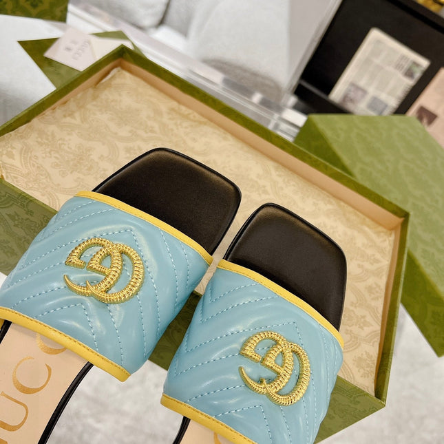 GG EXCLUSIVE SLIDE SANDAL SKY AND BLACK CALFSKIN