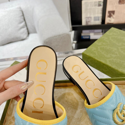 GG EXCLUSIVE SLIDE SANDAL SKY AND BLACK CALFSKIN