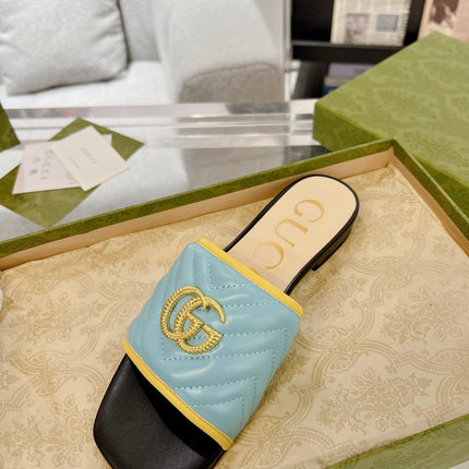 GG EXCLUSIVE SLIDE SANDAL SKY AND BLACK CALFSKIN