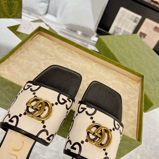 GG EXCLUSIVE SLIDE SANDAL BLACK AND CREAM CALFSKIN