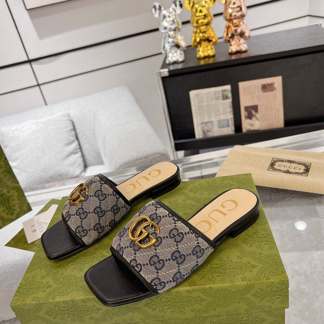 GG EXCLUSIVE SLIDE SANDAL BLACK AND CHARCOAL FABRIC