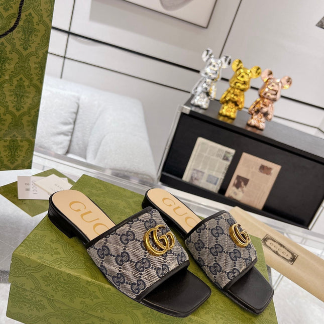 GG EXCLUSIVE SLIDE SANDAL BLACK AND CHARCOAL FABRIC