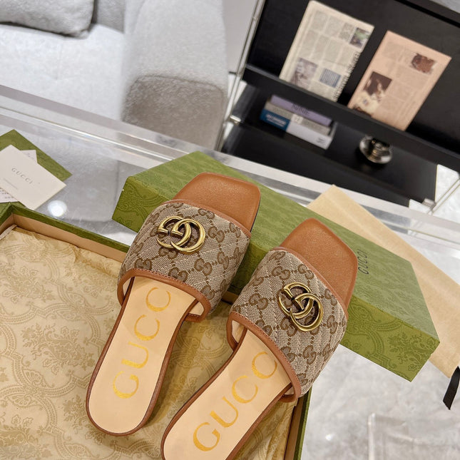 GG EXCLUSIVE SLIDE SANDAL CARAMEL AND BROWN FABRIC