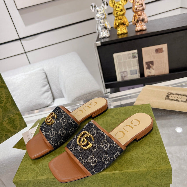 GG EXCLUSIVE SLIDE SANDAL CARAMEL AND BLACK FABRIC