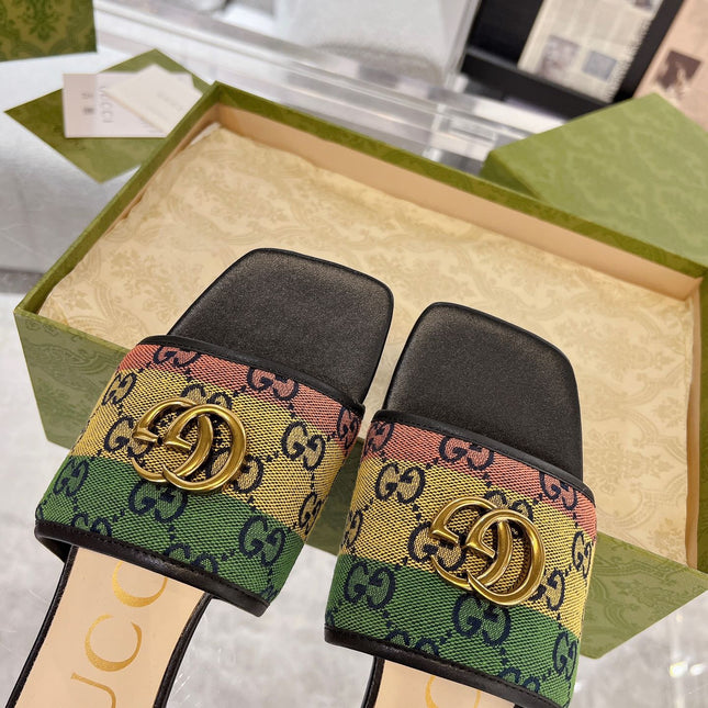 GG EXCLUSIVE SLIDE SANDAL BLACK AND CREAM FABRIC