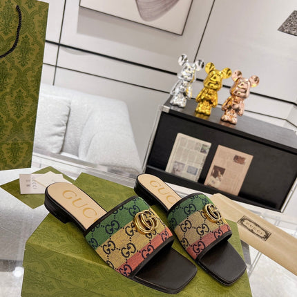 GG EXCLUSIVE SLIDE SANDAL BLACK AND CREAM FABRIC