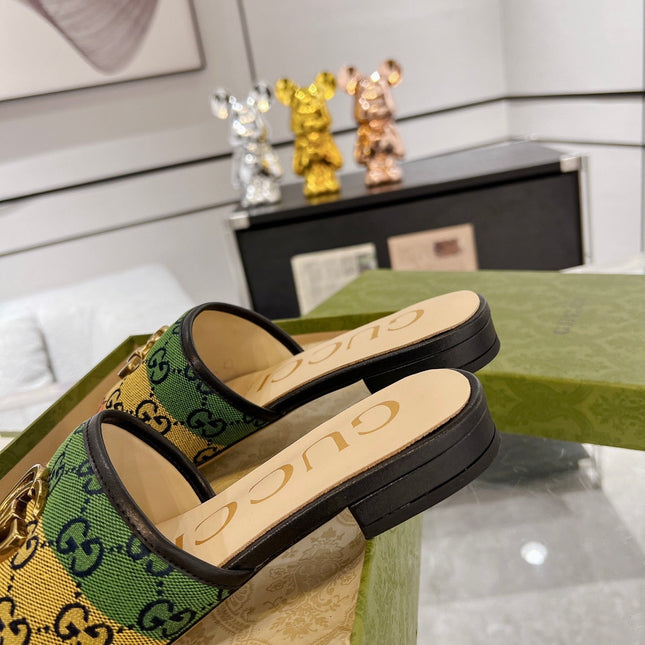 GG EXCLUSIVE SLIDE SANDAL BLACK AND CREAM FABRIC