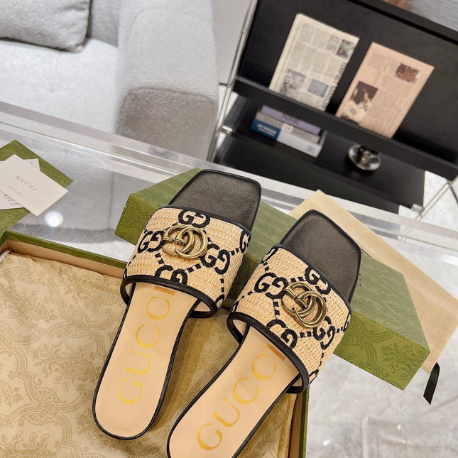 GG EXCLUSIVE SLIDE SANDAL BLACK AND CREAM SEDGE