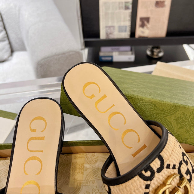 GG EXCLUSIVE SLIDE SANDAL BLACK AND CREAM SEDGE