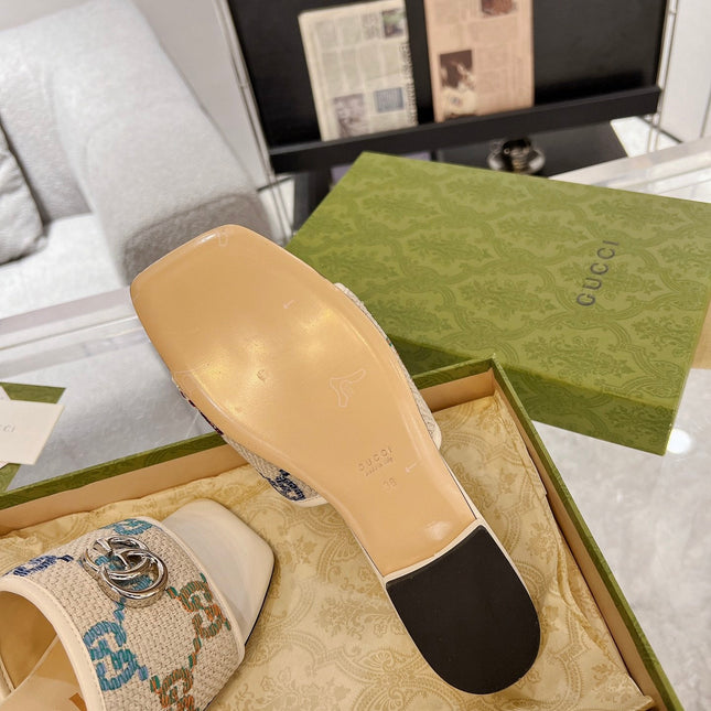 GG EXCLUSIVE SLIDE SANDAL IVORY SEDGE WITH NAVY PATTERN