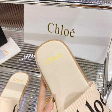 CHLOÉ WOODY SLIPPER IN BEIGE MIX BLACK CANVAS