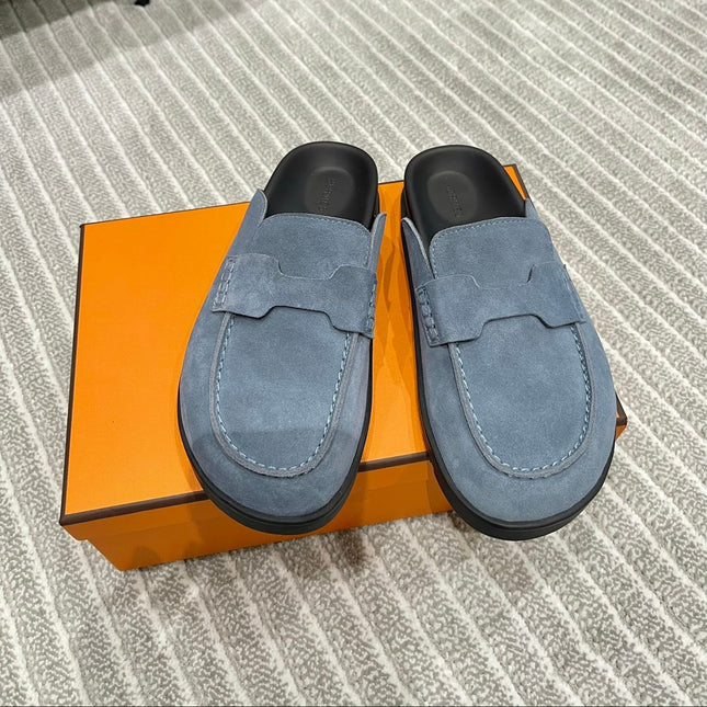 HM MULES IN STONE BLUE SUEDE
