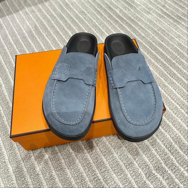 HM MULES IN STONE BLUE SUEDE