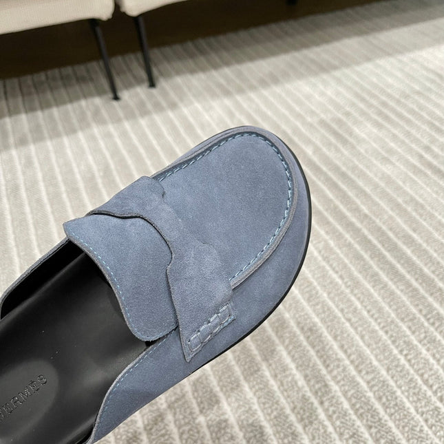 HM MULES IN STONE BLUE SUEDE