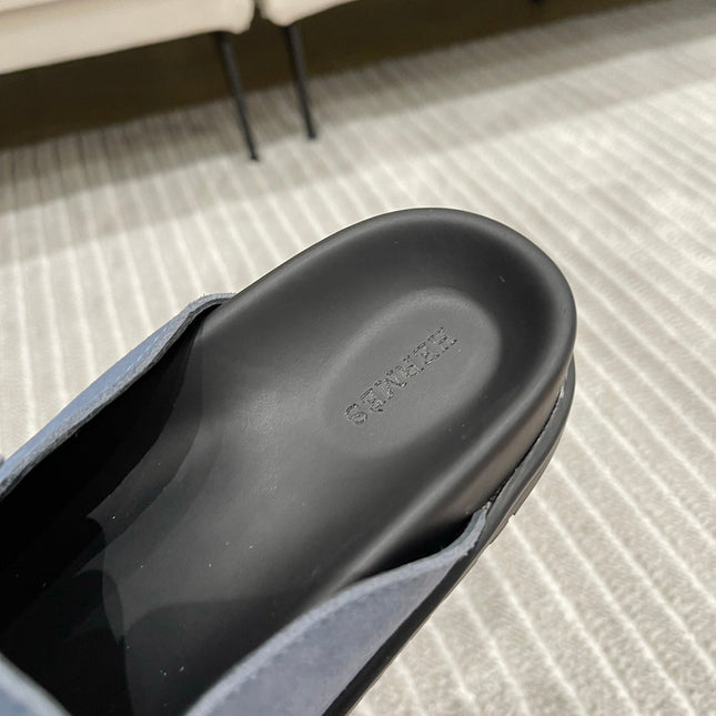 HM MULES IN STONE BLUE SUEDE